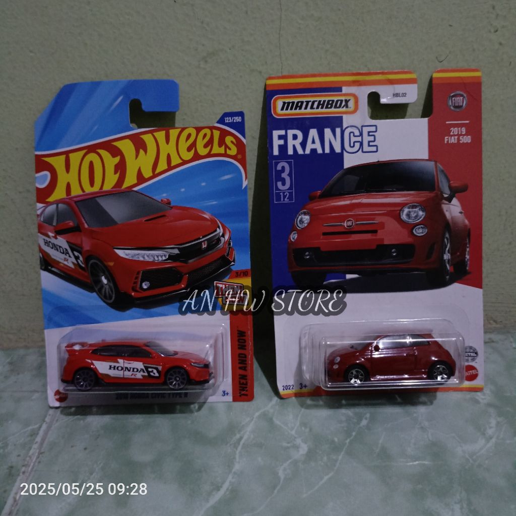 Hot Wheels 2018 Honda Civic Type-R Merah Rilisan Tahun 2025 & Matchbox 2019 Fiat 500 FRANCE (2021)