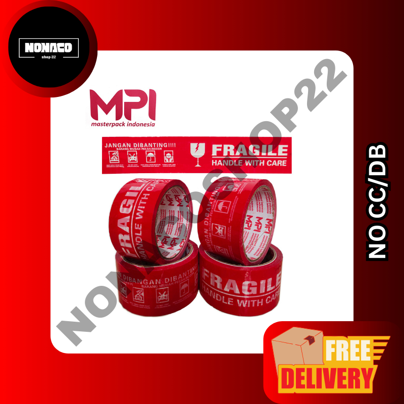 

1 SLOP / 6 PCS Lakban Fragile Merah Putih 4in1 Handle With Care 2 INCH Plakban Packing Jangan Dibanting