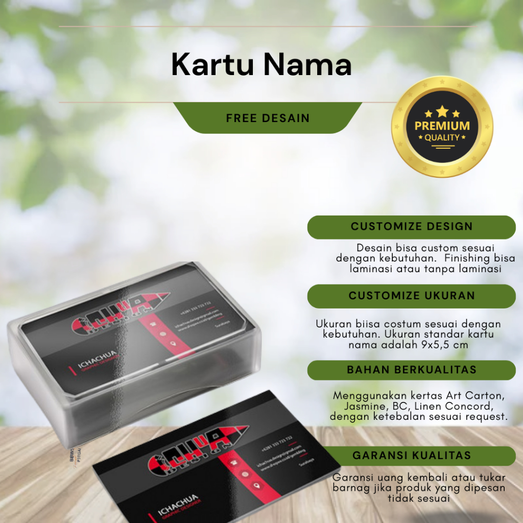 

Kartu Nama Premium Custom - Desain Gratis, Cetak Cepat, Finishing Laminasi Glossy/Doff