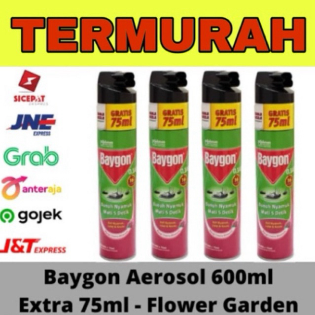 4 PCS BAYGON AEROSOL ISI 600+75 ML BAYGON JUMBO FLOWER GARDEN ANTI NYAMUK ANTI KECOA CUKUP SEKALI SE