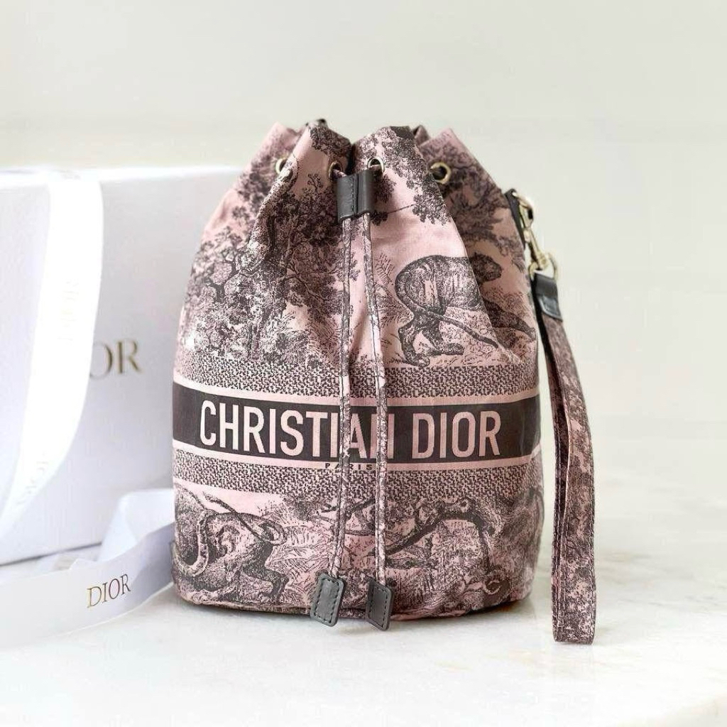 CHR*IST*IAN DI*OR CD DiorTravel Pouch Toile de Jouy Wristlet Drawstring Bucket Bag