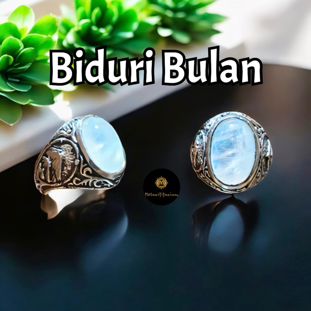 Cincin Batu Biduri Bulan Moonstone Klip Biru Srilanka ukuran Sedang