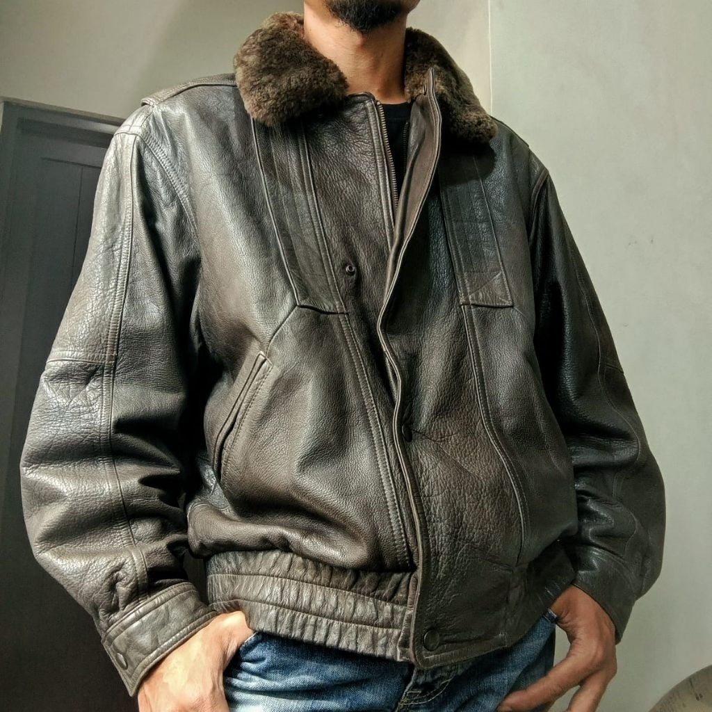 US Vintage Pilot Flight Leather Jacket - Jaket Kulit Tebal Pria Unisex Klasik Retro Branded Second