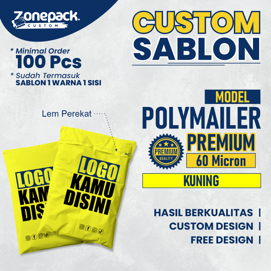 

Sablon Plastik Polymailer Kuning PREMIUM 60 Micron | Sablon 1 Warna 1 Sisi Custom Free Desain
