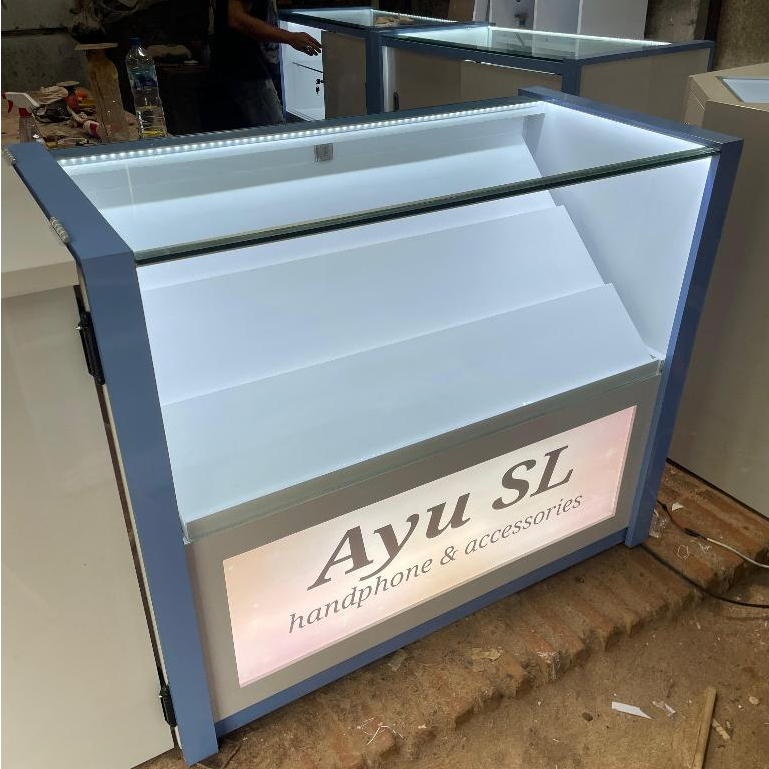 Etalase Kaca LED 6mm/8mm + Logo Akrilik + Lampu | HPL Multiplek