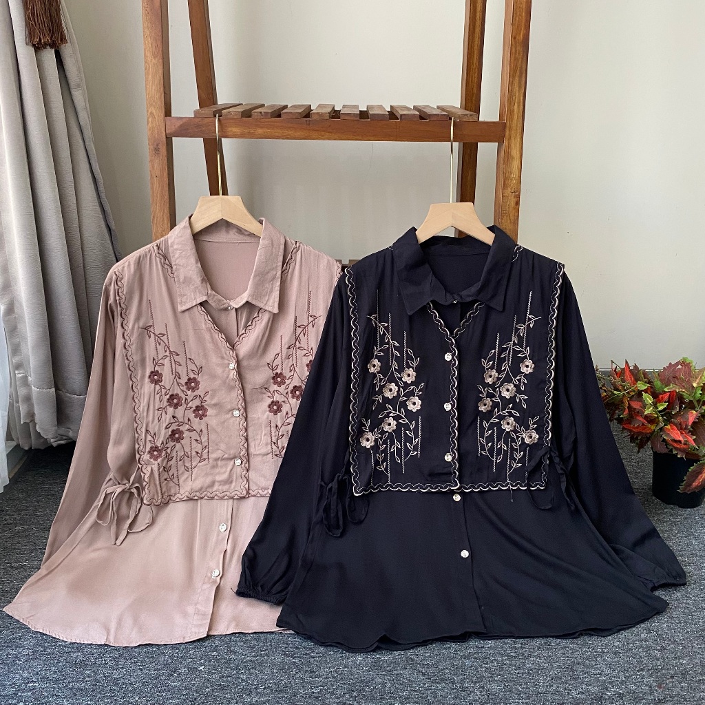 ROSELLA Bordir Kemeja Wanita - Baju Atasan Wanita Rayon Twill Terbaru - Blouse Rompi Bordir