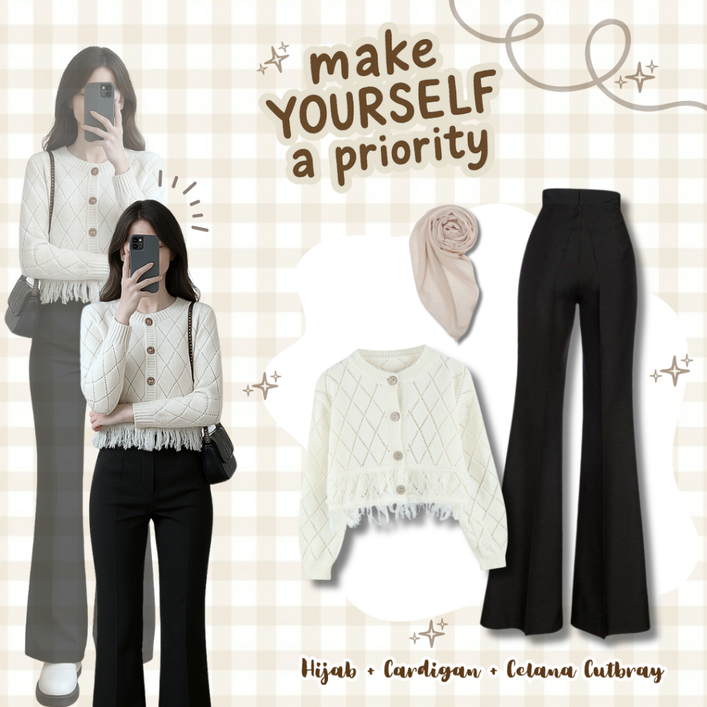 One Set 3in1 Hijab ( Kardigan Rajut Rawis Putih Premium + Celana Cutbray Pants Scuba Hitam + bella S