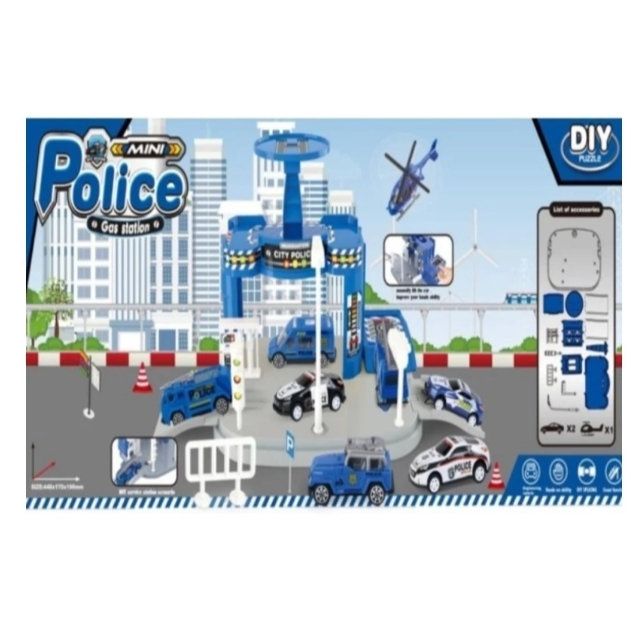 WTBS Mainan Set Mobil Polisi / Konstruksi + Helikopter DIY Station + 2 Mobil | Edukatif Anak