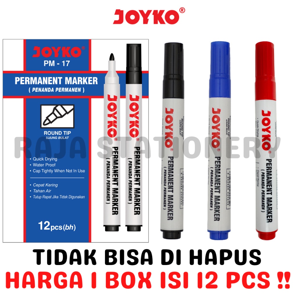 

KODE W25X Joyko Permanent Marker Black Blue Red Spidol Permanen Joyko Hitam Biru Merah PM17 PM18 PM19 Box Lusin 12Pcs