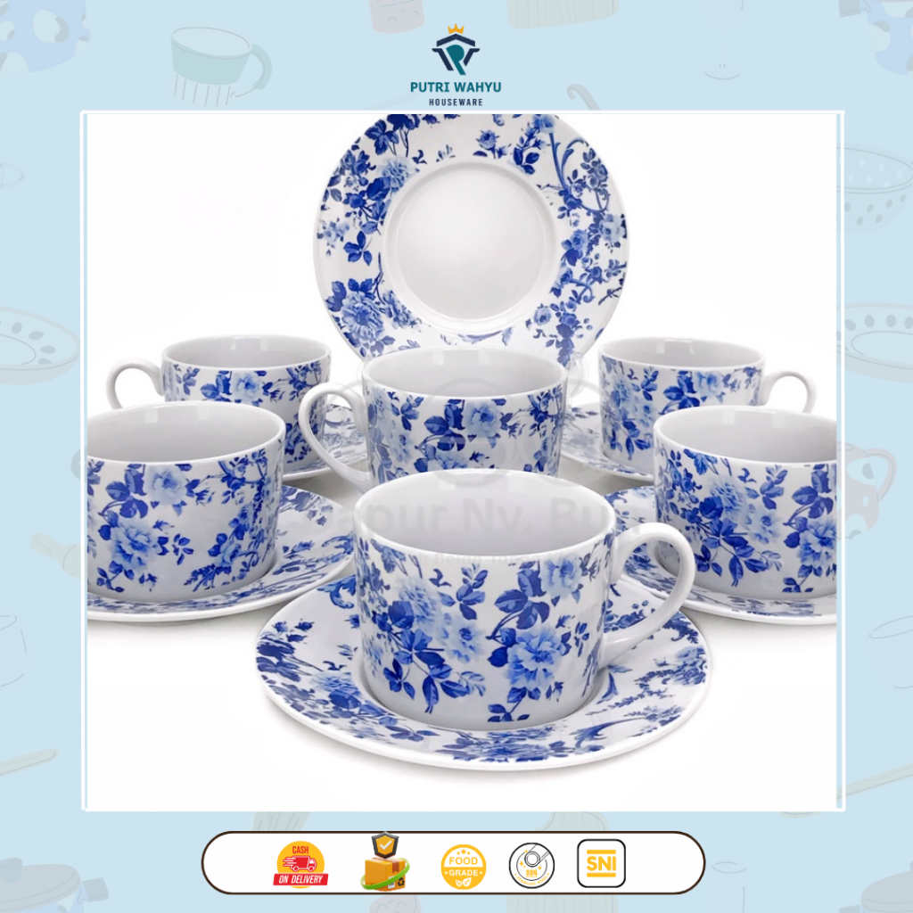 1 SET 6 PCS Cangkir Kopi Porcelain/Cangkir Kopi/Cangkir Blue Flower/Cangkir Keramik Bunga Biru/Blue 