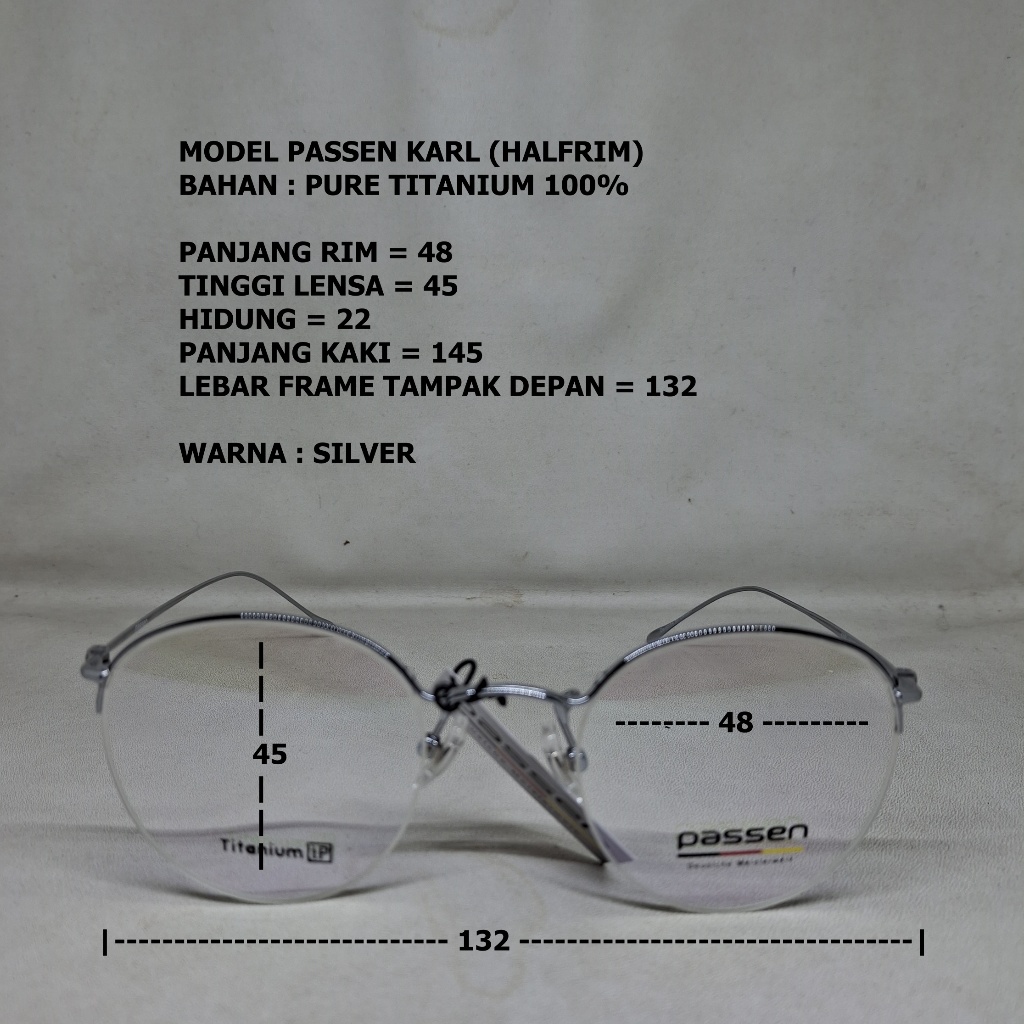 FRAME KACAMATA PURE TITANIUM PASSEN KARL MODEL BULAT HALF RIM CEWEK COWOK