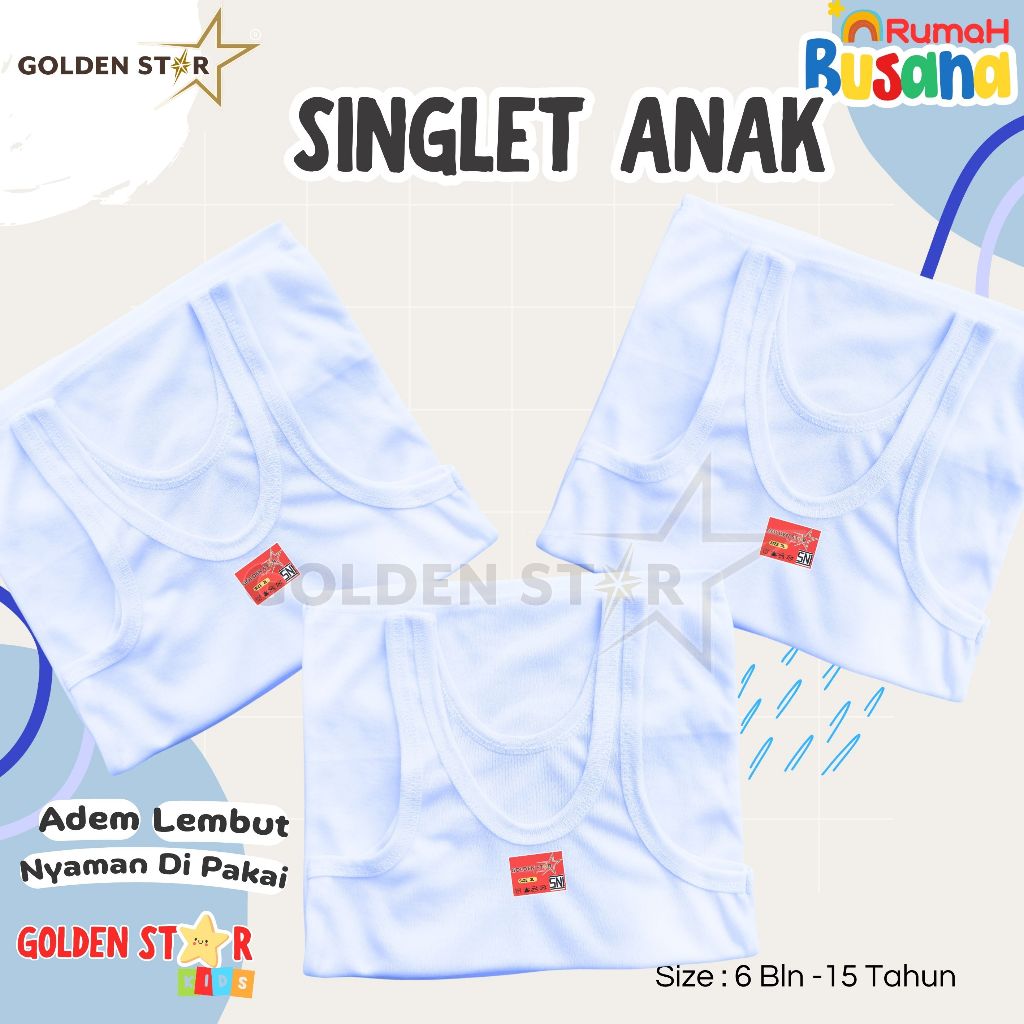 6 Pcs Singlet Anak Kaos Dalem Anak Unisex Usia 7-8 Tahun Golden Star Singlet Anak Cewek Cowok/Kaos D