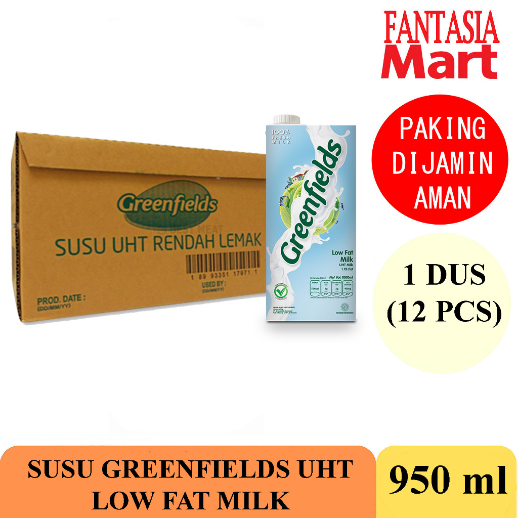 

SUSU GREENFIELDS UHT LOW FAT MILK 950 ML DUS ISI 12 PCS FANTASIA DENGAN PAKING AMAN