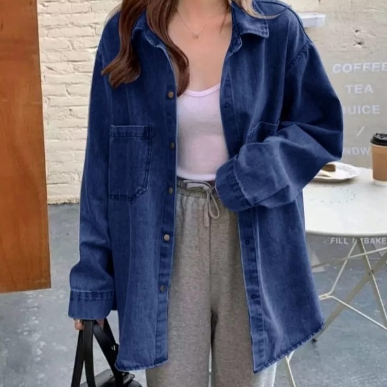KODE M86Q Kameja Denim Longgar Kerah Kameja Wanita Oversize gaya Korea Style