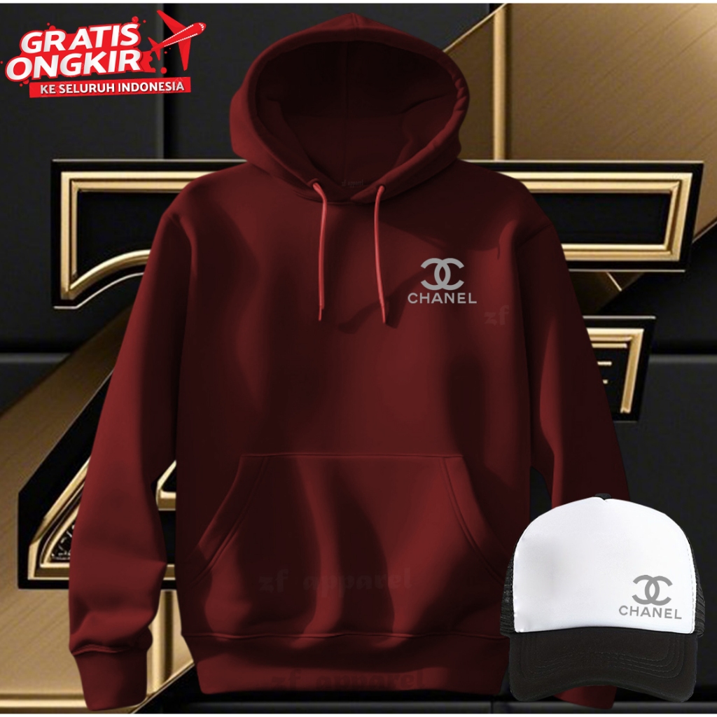 Bonus topi Hoodie Distro Logo Chanel Silver 100% Cattun Fleece Tampil Modis simpel Dan Elegan Lembut