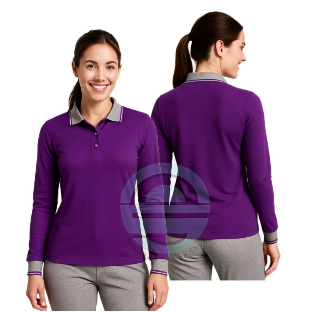 KAOS UNGU TUA KERAH ABU LENGAN PANJANG UNISEX/BAJU SERAGAM BIRU ABU TANGAN PANJANG DEWASA PRIA WANIT