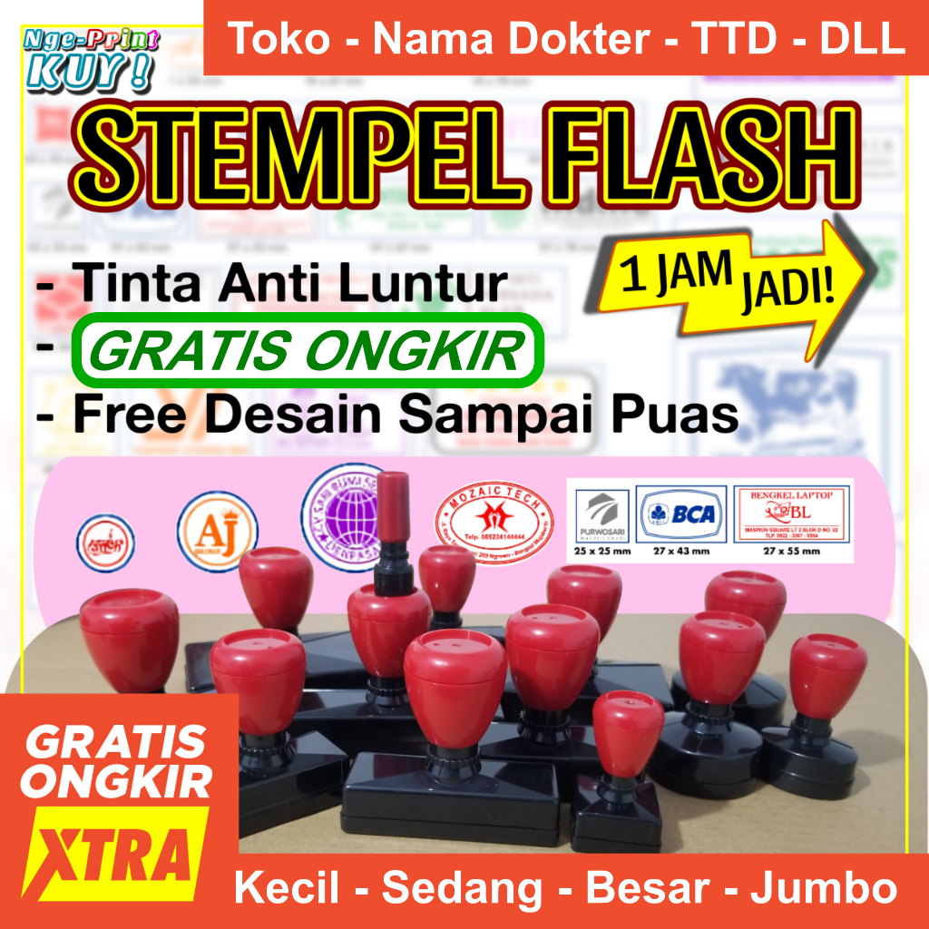 

Stempel Otomatis, Kilat, Custom Desain Berbagai Ukuran & Warna