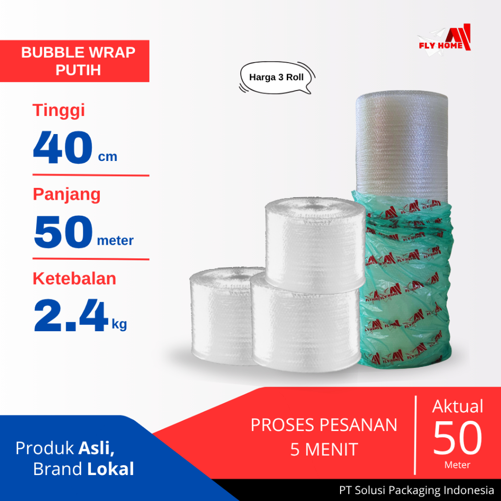 

FLYHOME Bubble wrap putih 40cm potongan 2,4kg 3 roll besar 40x50meter