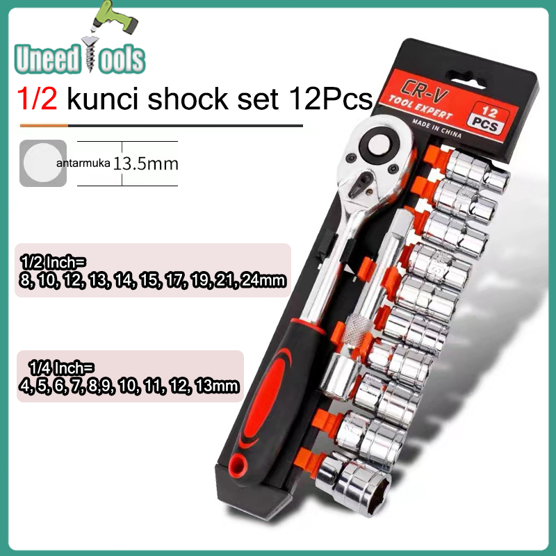Socket Wrench SET - Ratchet Kunci Pas 12 pcs Kunci Set 1/2inci Socket Sok CR-V Multifungsi