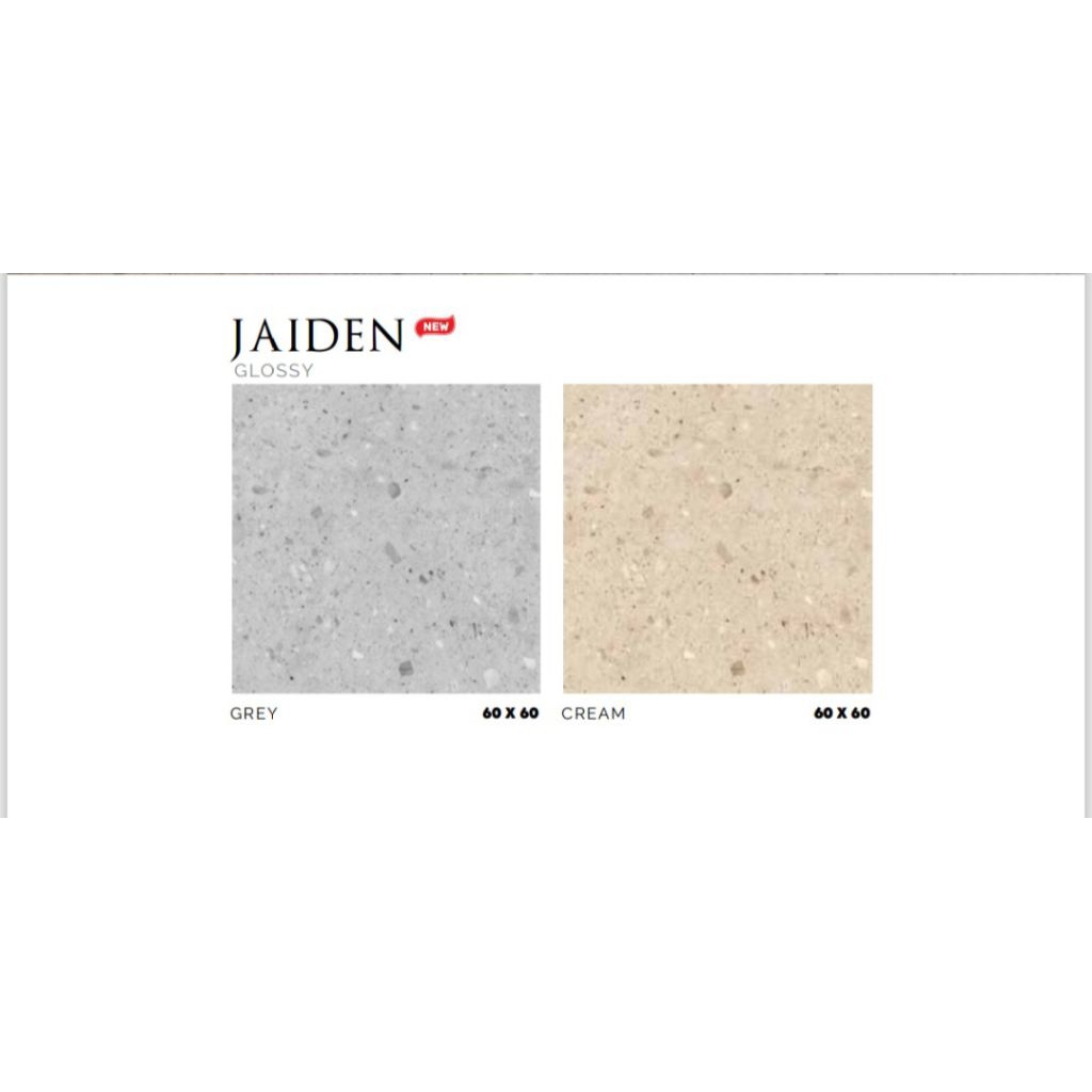 KERAMIK MERK PLATINUM TIPE JAIDEN GREY CREAM UKURAN 60X60 WARNA ABU DAN CREAM MOTIF CORAK TERAZZO PE
