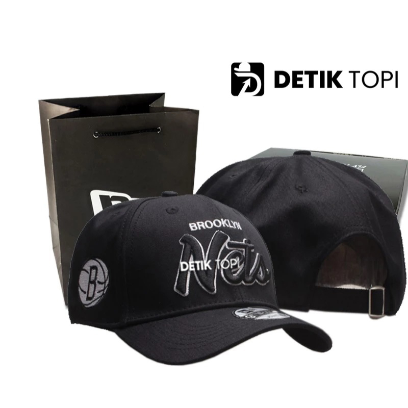 Topi NBA Brooklyn Nets Hitam Black Font List White Logo Bordir Baseball Cap