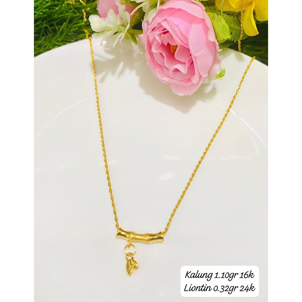 Kalung Emas Asli 16k & Liontin Tulang Daun 24k Hongkong 999.9