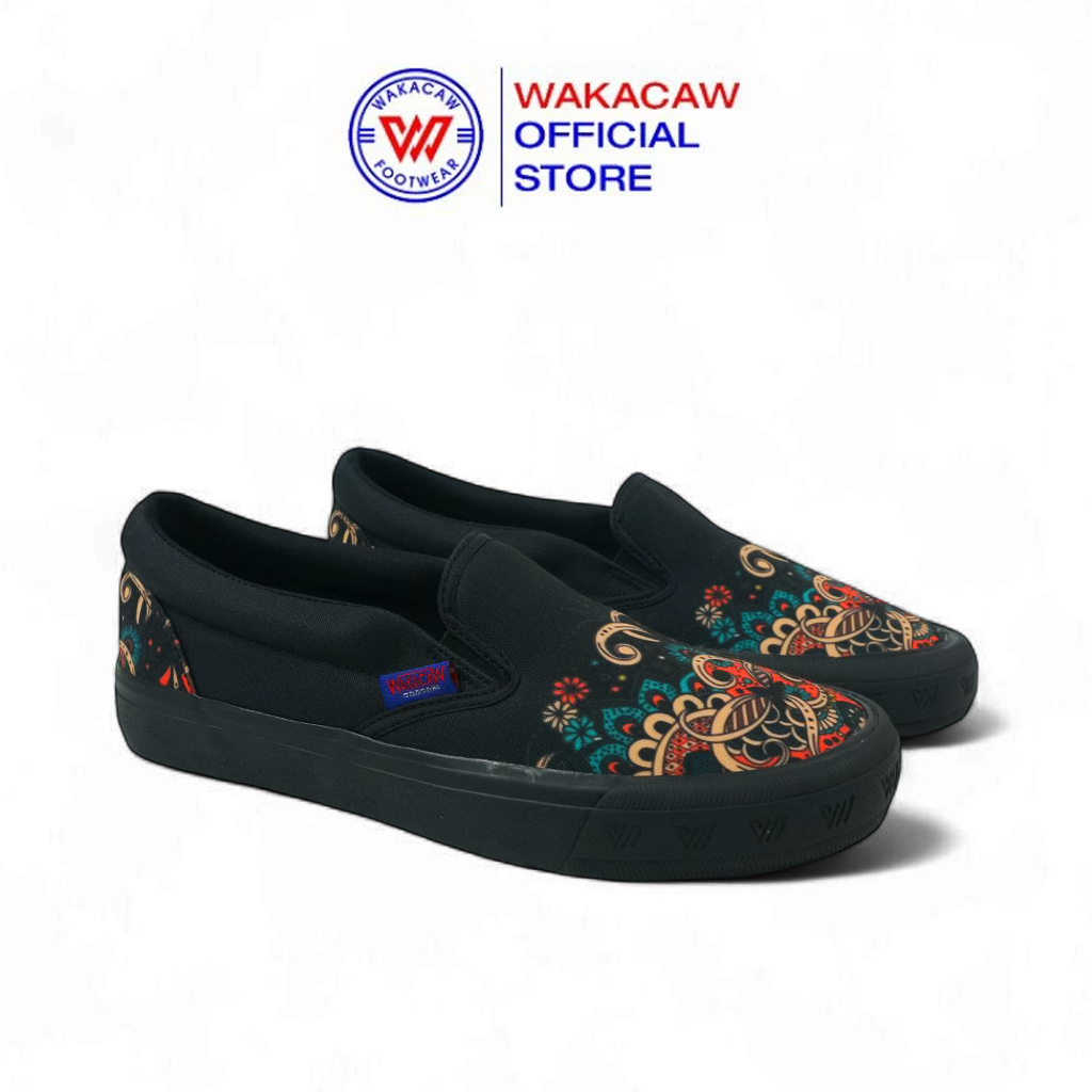 Wakacaw - Sepatu Slip On Batik Etnik All Black Sepatu Sneakers Slip On Pria Dan Wanita