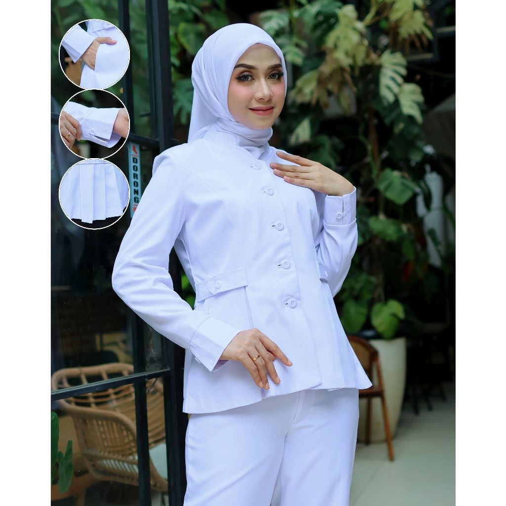Baju Kerja Seragam Dinas Putih-Putih Perawat Shanghai Susun Wanita Setelan Rok Span/Rok.A/Celana Pan