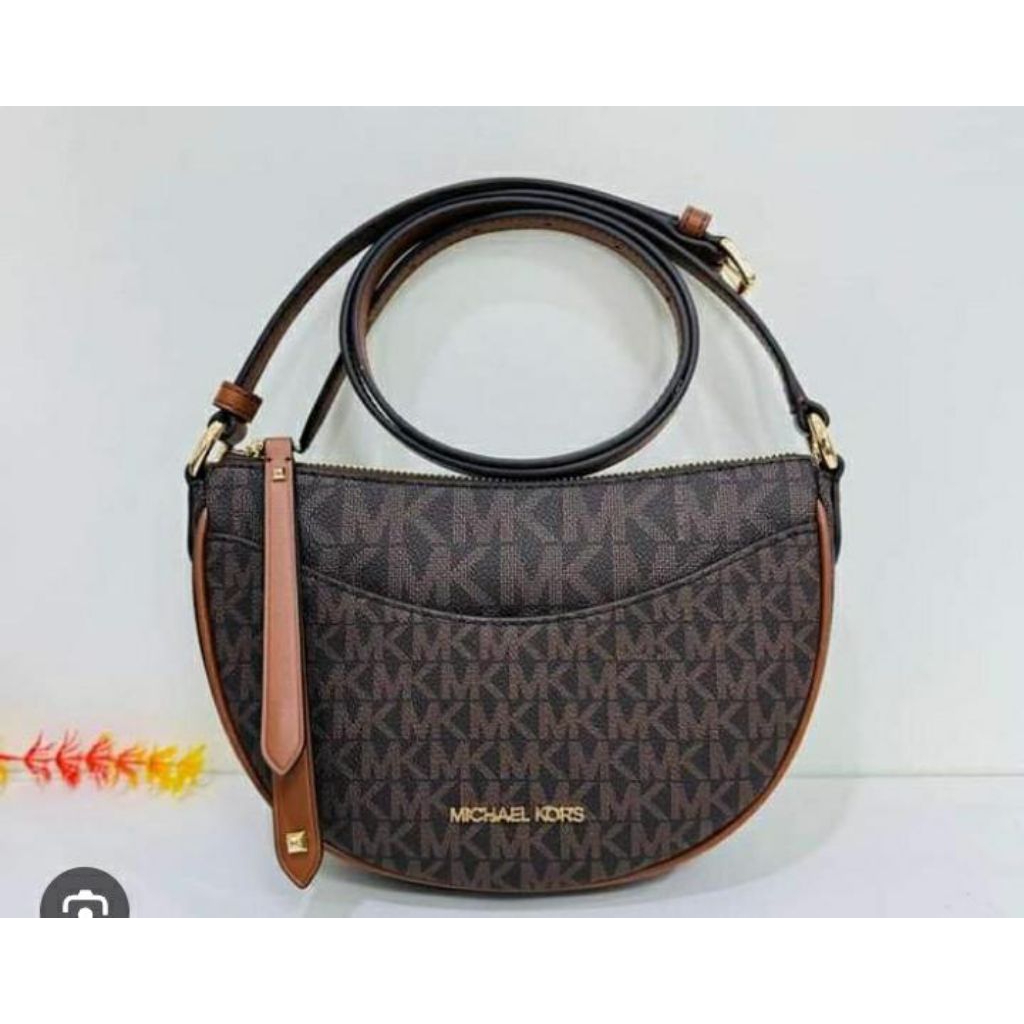 MK Signature Dover Small Half Moon Crossbody Brown n