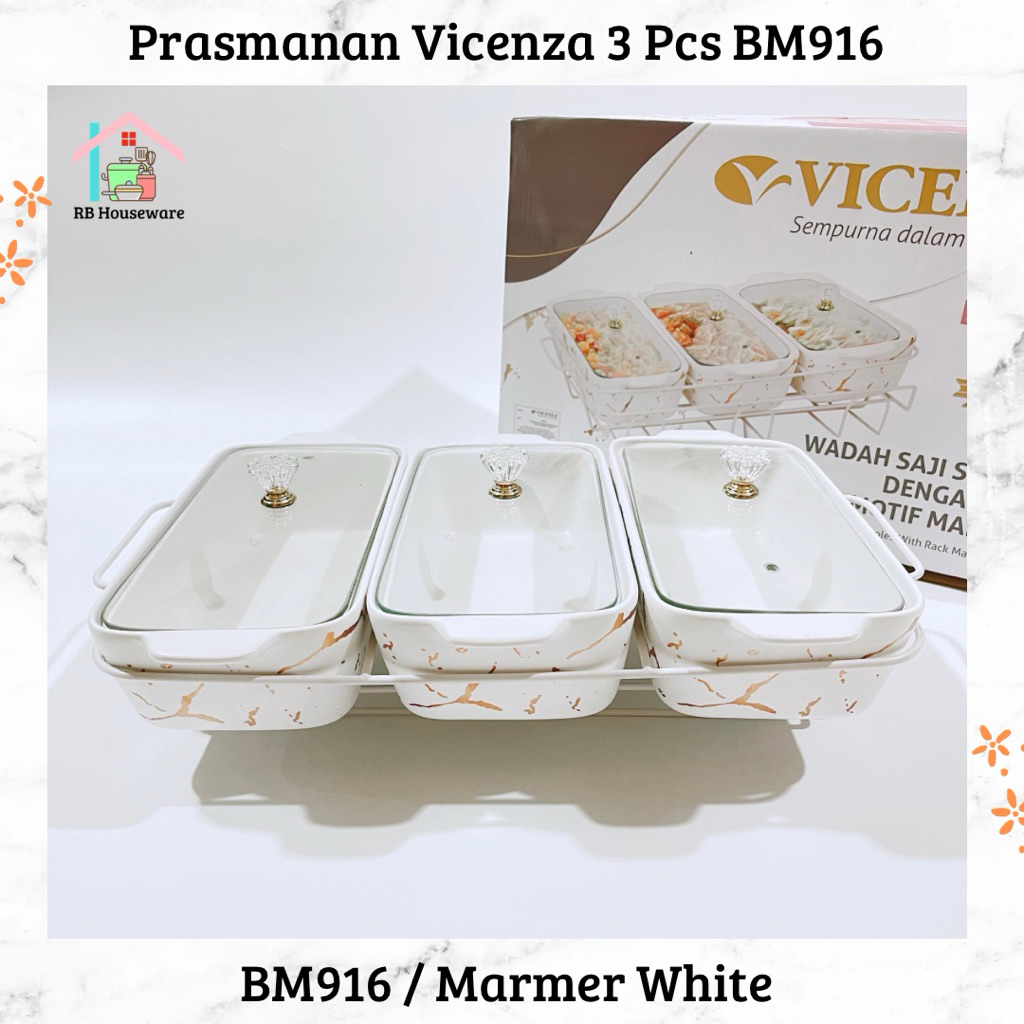 Vicenza BM916 Prasmanan Keramik Serena Set 3 Tutup Kaca 1.3L Motif Marmer Putih