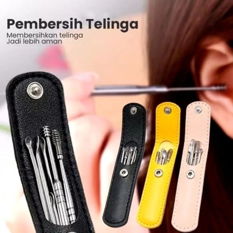 Alat Pembersih Telinga 6in1 1 set isi 6 in 1 Dengan Tempat Penyimpanan + Pouch Dompet Mini Slim Korek Kuping Pembersih Telinga Picker Stainless Mini Ear Pick Wax 6 Jenis Kepala Spring Perapih kuku 7IN1 5in1 4in1 satuan ecer classic rotasi 360 lengkap