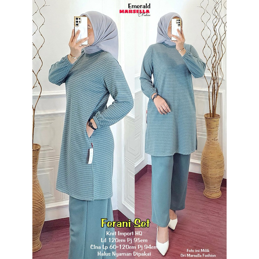Ferani Set Emerald Tunik Celana Jumbo | Setelan Wanita Muslimah Knit Import HQ | Busana Harian