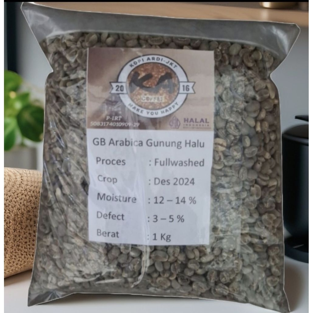 

Biji Kopi belum Roasting/Green Bean(GB) Pegunungan Halu Jawa Barat Full/Semi Washed kemasan 1 kg dan 500 gram