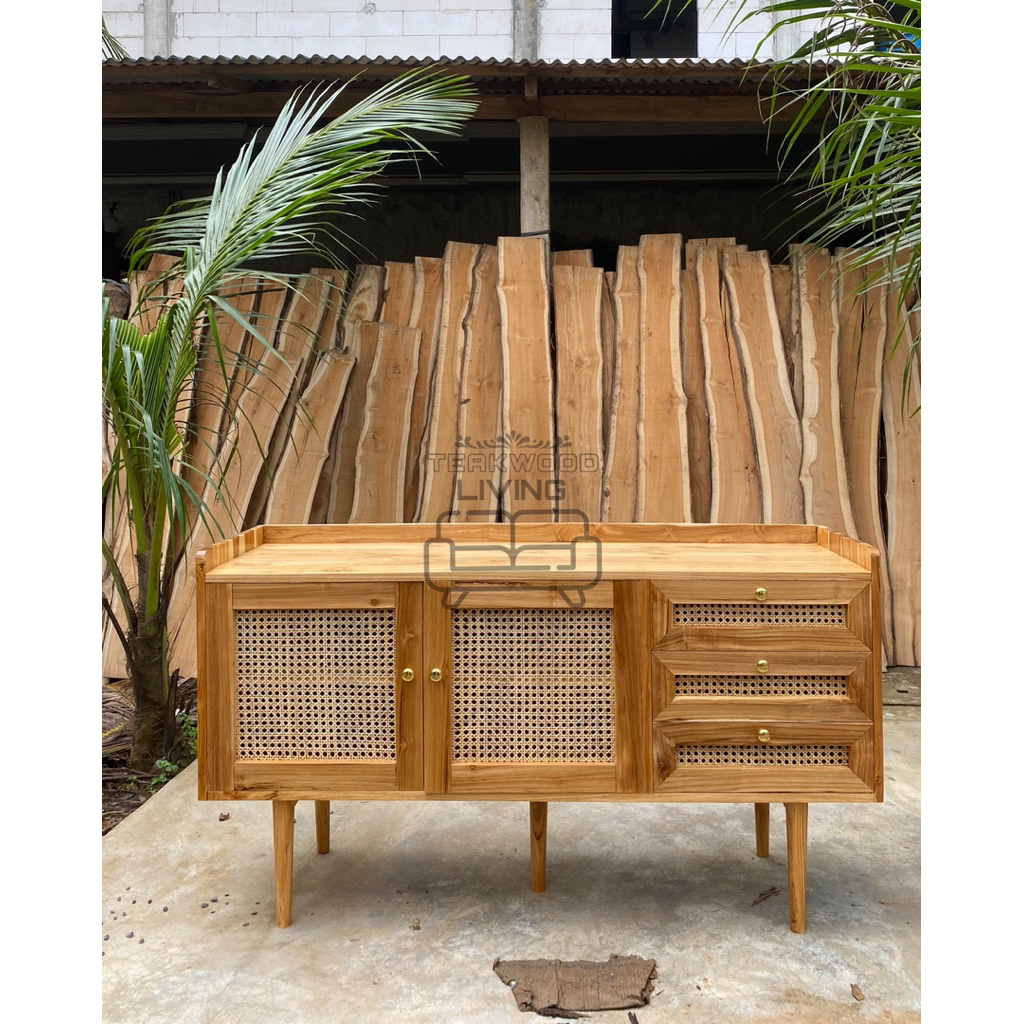 Buffet TV rak TV cabinet TV Minimalis Kayu Jati Natural Jati Aslii Kabinet TV Jati Kombinasi Rotan