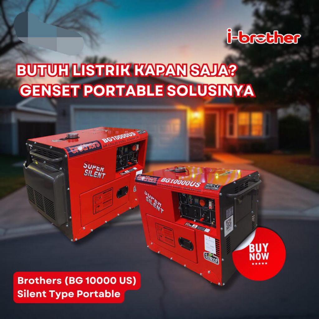 Genset Generator Set BROTHER BG-10000US 1 Phase Ultra Silent 5000 Watt 7KVA Open Type