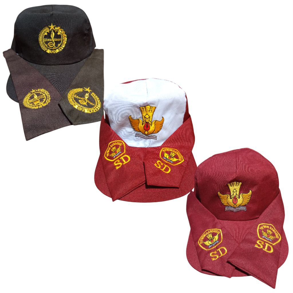 topi sd topi pramuka bordir komputer dan dasi pendek cewe cowo