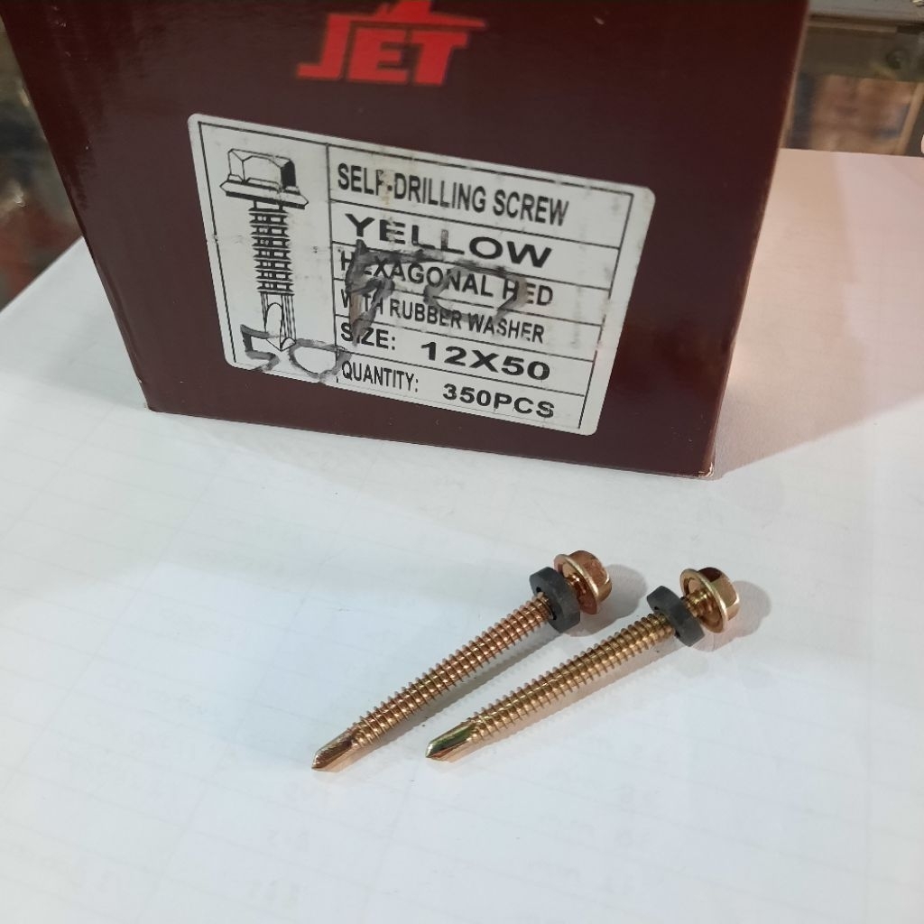 [1 BOX isi 350 PCS] Baut Roofing 12 x 50 Hexagonal HED merk Jet / Baut Seng Kuning 5 cm / ada karet