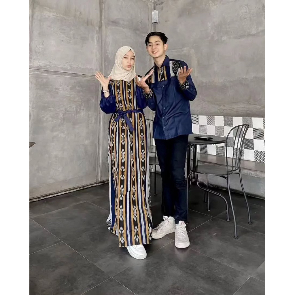 Baju Couple tenun etnik couple biru navi kemeja kondangan set couple kondangan baju prewedding gamis