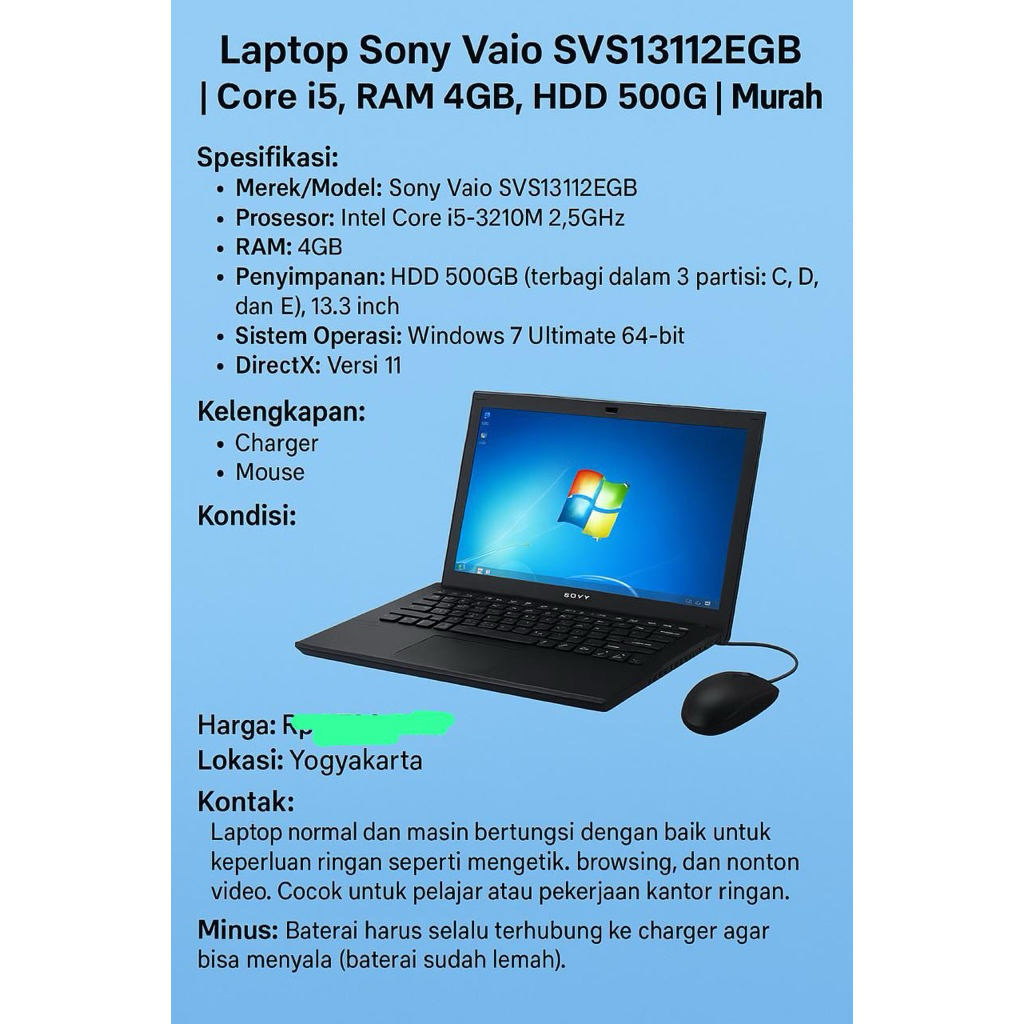 Laptop Sony Vaio SVS13112EGB | Core i5, RAM 4GB, HDD 500GB | Second Boleh di nego