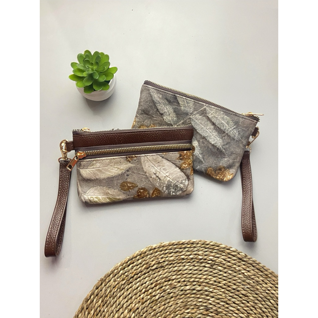 Dompet Ecoprint Kulit Domba Warna Coklat Abu / Ecoprint Lambskin Leather Wallet