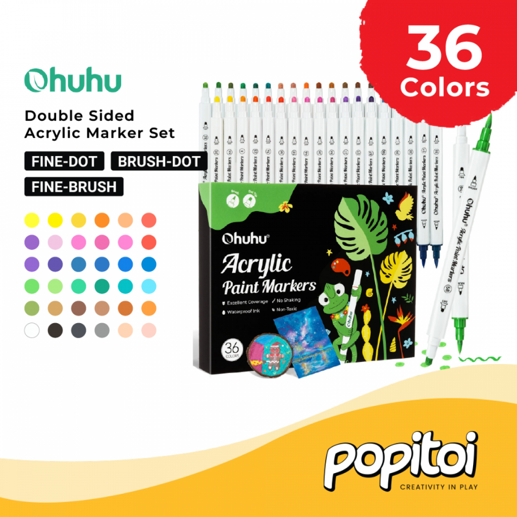 

OHUHU Acrylic Paint Markers 36 Colors Dual Tips Brush Dot Fine Tip Spidol Warna Set Coloring Akrilik