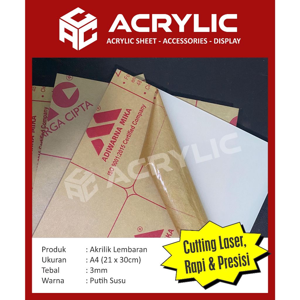 

Akrilik / Acrylic Lembaran Putih Susu A4 3mm 21cm x 30cm