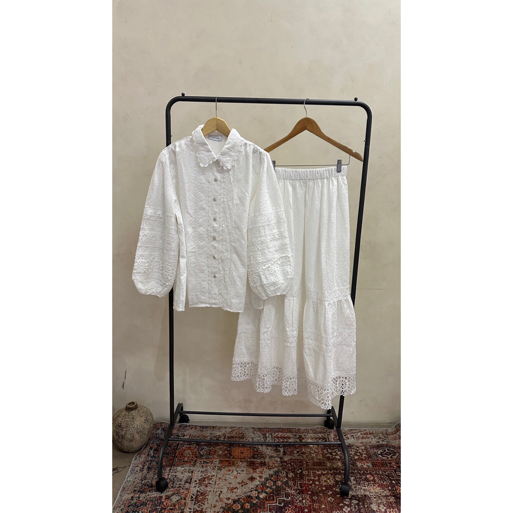 SL173 | ONE SET WANITA KATUN BOLONG IMPORT BANGKOK | ONE SET KEMEJA DAN ROK PANJANG | SETELAN WANITA