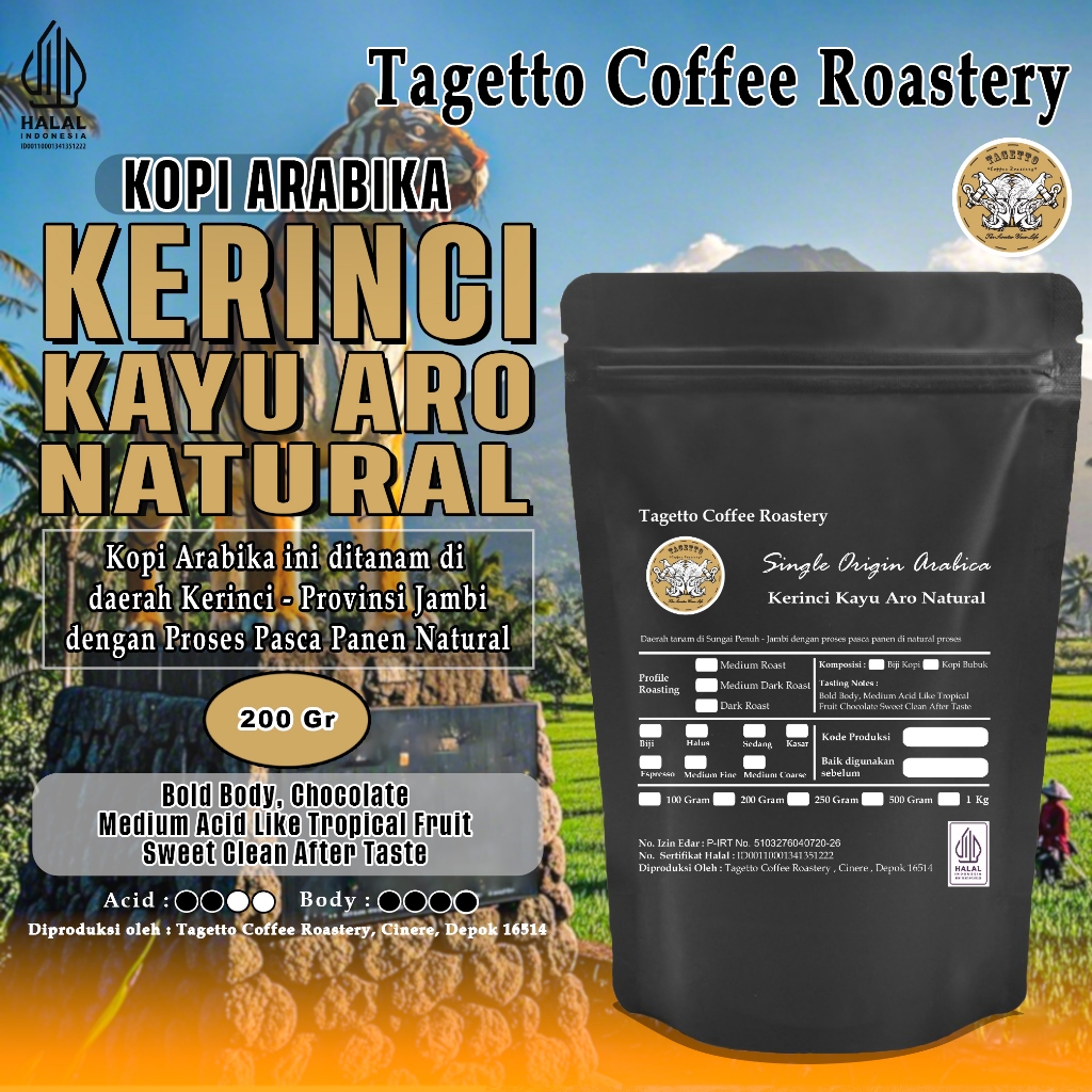 

BIJI KOPI ARABIKA KERINCI NATURAL 200GR - NATURAL PROCESS | ARABICA BEAN GROUND BUBUK 200 GRAM TAGETTO COFFEE