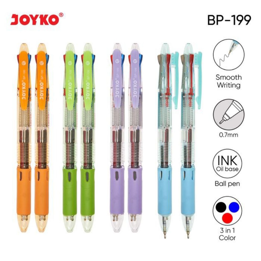 

Per Lusin BP-199 Pulpen Trico 3 Warna Joyko Retractable Pen