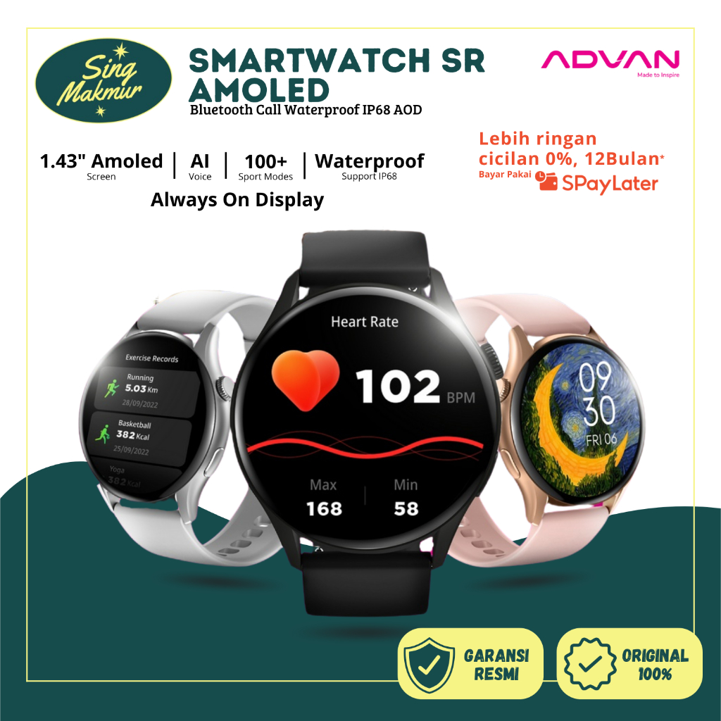 Advan Smartwatch SR AI Voice Assistant Amoled 1.43” Bluetooth Call Waterproof IP68 AOD DisplayAmoled