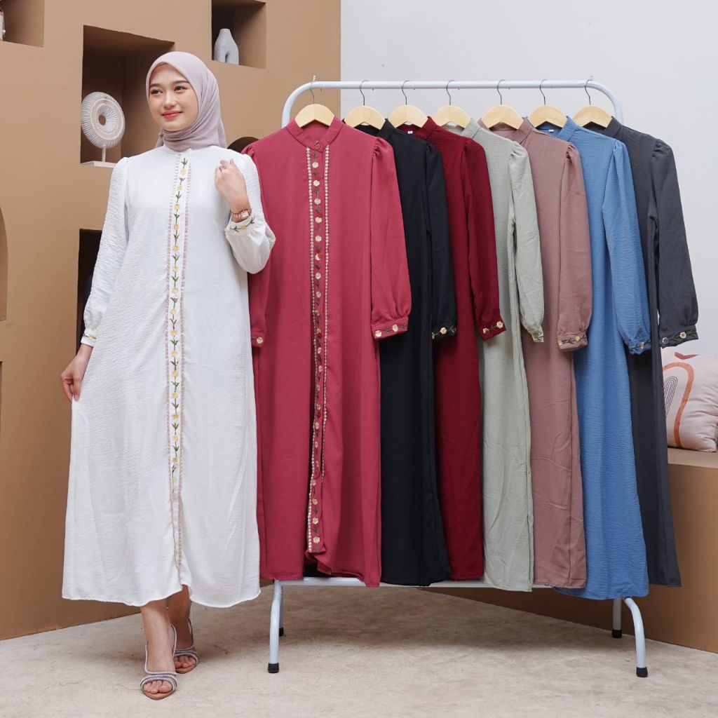Gamis Crinkle Airflow Premium - Gamis Motif Simpel Bordir Bunga - Gamis Kancing Lengan Panjang