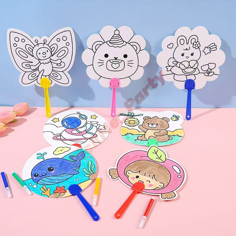 Kipas kertas Diy Kipas  anak Mewarnai  Seni & Kerajinan Tangan isi 8pcs + spidol 12pcs