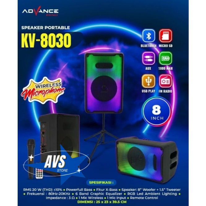 ADVANCE PORTABLE SPEAKER BLUETOOTH KV- 8030 BONUS 1 MIC