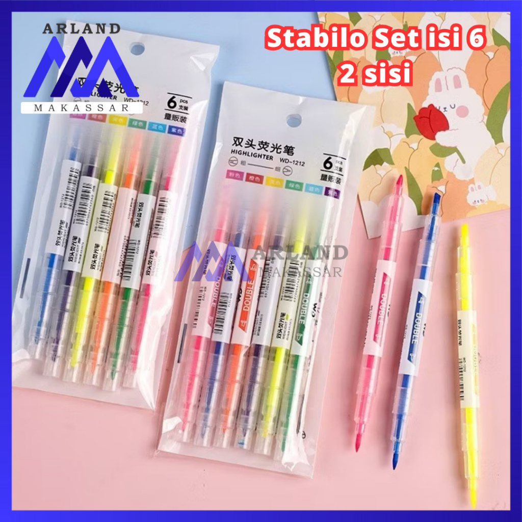 

AM Stabilo Set Highlighter Dua Sisi Warna isi 6Pcs Pen Marker Stationery Penanda Buku